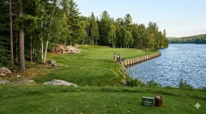 A detailed, photorealistic 4K landscape of a Canadian woodland golf course fairway curving alongside a large blue lake. Three golfers are visible, with one cautiously retrieving a high-visibility yellow 'MAPLE LEAF GOLF' ball for beginners from the shallow water using a ball retriever.