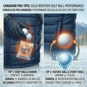 Stylized cross-section of a golf ball core reacting to sub-zero temperatures on a Canadian course.
