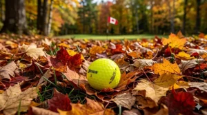 High-visibility yellow golf ball easily spotted against orange autumn leaves.