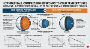 A technical illustration diagram comparing low compression golf balls for cold weather versus standard balls in low temperatures. Shows cross-sections and elasticity graphs. Bilingual labels (EN/FR). / Diagramme technique comparant la compression des balles de golf par temps froid et températures idéales.