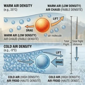 Graphic featuring English and French tips on how golf balls work in cold weather (par temps froid).