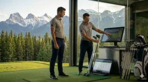 Visualization showing the improvement in swing arc and mechanics for a tall golfer using extended-length clubs; optimisation de l'arc de swing pour golfeur de grande taille.