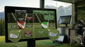 A display showing purchase options, including custom club sets and individual extended shaft replacements, for tall golfers in Canada; options d'achat pour bâtons de golf sur mesure.
