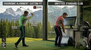 Technical breakdown showing estimated yardage gains and increased leverage achieved by a tall golfer using custom extended-length golf shafts; gains de distance avec bâtons sur mesure.