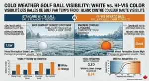 A finalized infographic illustration visually summarizing the comparative visual performance (White vs. Hi-Vis Orange) of golf balls for cold weather across different frosty, Canadian course environments. Bilingual labels (EN/FR). / Illustration technique finale résumant la visibilité comparative des balles de golf blanches et orange haute visibilité par temps froid.