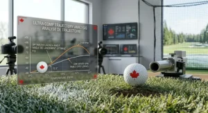 Technical diagram of a high-compression golf ball achieving a piercing flight path and low spin off the tee.