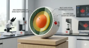 Detailed cross-section of a high-compression golf ball showing the multi-layer core designed for high swing speeds.