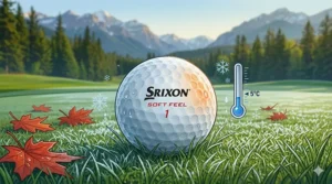 A dynamic illustration of three high-visibility yellow Srixon Soft Feel golf balls grouped together in tall green fescue grass with a magnifying glass graphic highlighting them under bright sunlight in the Canadian Rockies.