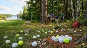 Vibrant yellow and neon golf balls for beginners, designed for high visibility during early morning rounds in the Canadian mist, sitting on a dewy fairway on a BC course.