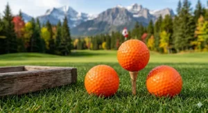 Close-up of high-visibility orange golf balls. / Gros plan sur des balles de golf orange haute visibilité.