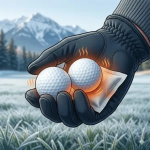 Illustration of a golfer using pocket warmers to maintain golf ball temperature during a winter round.