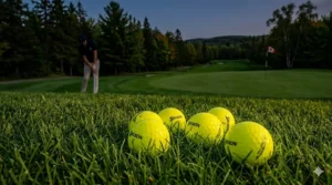 Enhanced yellow golf balls visibility during a late afternoon Canadian round.