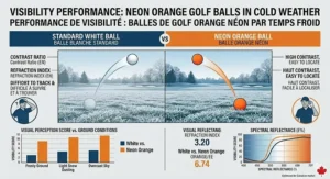 An infographic illustration demonstrating the high visibility of neon orange golf balls for cold weather. A split comparison shows a standard white ball lost against frosty ground and an orange ball popping clearly. Bilingual labels (EN/FR). / Illustration montrant la visibilité supérieure des balles de golf orange néon sur le givre par rapport aux balles blanches.