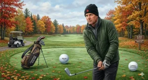 A photorealistic, detailed 4K image of a Canadian golfer in layered clothing and a torque playing an approach shot on an autumn fairway. Natural, cool light illuminates the colorful foliage and visible frost, illustrating how temperature affects ball choice.