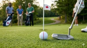 A 4K photorealistic close-up on a pristine Canadian putting green, capturing a 'Maple Leaf Golf' ball with a distinct red alignment line in sharp focus. Individual blades of tightly mown bentgrass are visible. A putter is about to make contact, guided by the line and a blurred flagstick with a maple leaf logo.