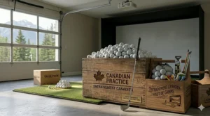Backyard chipping drill setup featuring a pile of bulk golf balls for practice in a suburban Canadian yard.