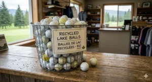 A photorealistic, detailed 4K image of a large wire mesh bucket filled with miscellaneous recycled lake golf balls on a weathered wooden counter, featuring a bilingual sign in English and French: "RECYCLED LAKE BALLS / BALLES DE LAC RECYCLÉES - $10 / DOZEN" at a Canadian pro shop.