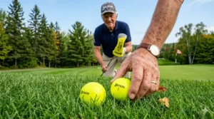 Senior golfer using neon yellow balls to improve shot tracking accuracy.