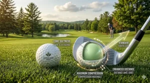 A close-up, photorealistic illustration on a lush Canadian golf course fairway, showing a dynamic cross-section of a soft compression golf ball for beginners under maximum compression from a club head, illustrating core softness and enhanced distance with English and French labels.