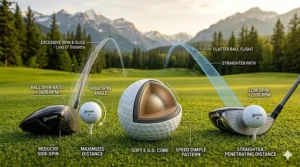 A technical infographic diagram illustrating the impact physics of a wedge hitting the green Srixon Soft Feel ball, showing cover deformation, soft feel compression, and optimized greenside spin rates on a Canadian course.