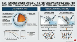 A detailed infographic illustration highlighting the soft ionomer cover technology used on golf balls for cold weather. It visually demonstrates resistance to cracking upon impact at 5°C. Includes molecular structure graphics and bilingual labels (EN/FR). / Illustration technique montrant la durabilité et la performance de l'enveloppe d'ionomère souple par temps froid.