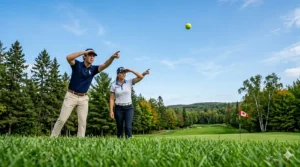 Golfers tracking a high-visibility yellow golf ball against a bright sky.