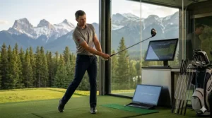 Split-screen visualization comparing the ergonomic posture of a golfer using custom-fit clubs versus the strain of using standard, ill-fitted equipment; comparaison ergonomique de l'élan de golf.