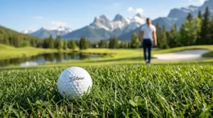 A golf ball making impact on a Canadian course with a scenic mountain view.