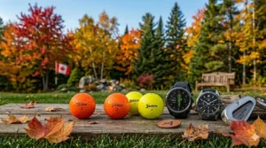 Golfer holding an orange vs yellow golf ball to decide the best color for their game.
