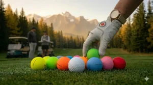 Various colorful matte golf balls arranged for a spring golf round in Canada.