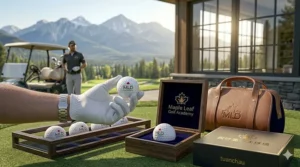 Custom logo golf balls placed on a tee at a Canadian golf course.