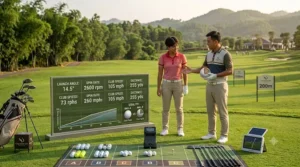 Illustration of a professional golf ball fitting session in progress.