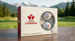 Performance golf balls with Canadian maple leaf branding for Team Canada fans.