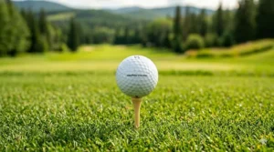 A quality used golf ball resting on a wooden tee on a lush green course.