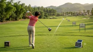 Golfer testing driver distance on a fairway to determine the best golf ball.