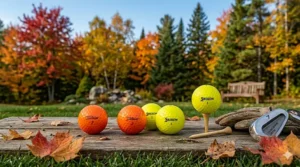 Orange golf balls contrasted against vibrant Canadian autumn golf course foliage.