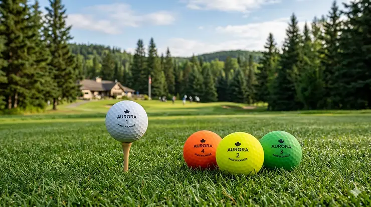 Matte finish golf balls on a Canadian fairway, designed for high visibility and soft feel. / Balles de golf à fini mat sur un terrain canadien, conçues pour une visibilité accrue.