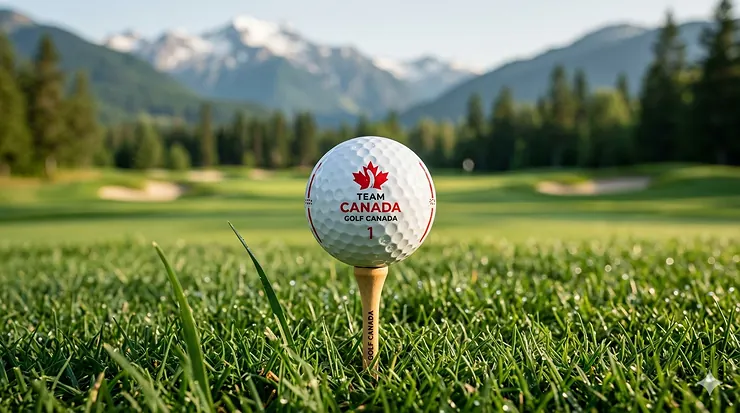 Official Team Canada golf balls on a tee, showcasing Canadian pride on the course.