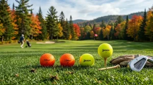 Top-down view of bright orange golf balls in tall rough for easy spotting.