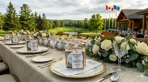 Personalized white golf ball wedding favour featuring the couple’s names and wedding date.