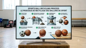 Infographie soulignant les étapes de recyclage des balles de sport.