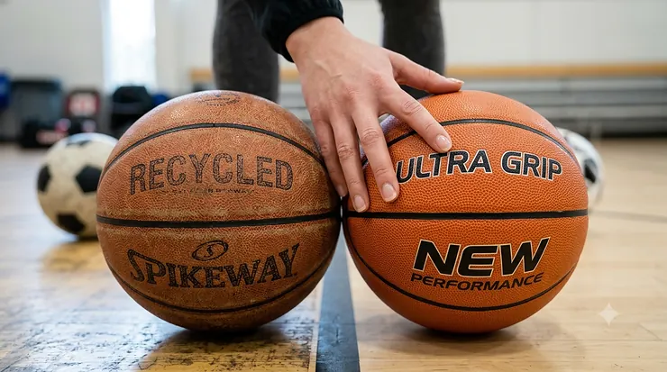 Side-by-side comparison of recycled and new athletic balls on a court. recycled balls vs new performance