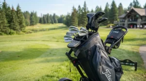 Golf cart bag with 14-way top organizer for easy club access on push carts.