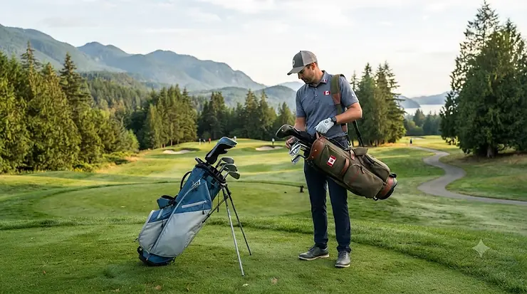 Golf pro comparing the stand bag vs carry bag difference for walking courses.