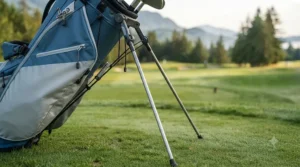 Close-up of retractable legs on a lightweight golf stand bag.