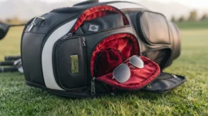 Removable front pocket belly panel on a professional staff golf bag, ideal for custom club logo embroidery for Canadian club members.