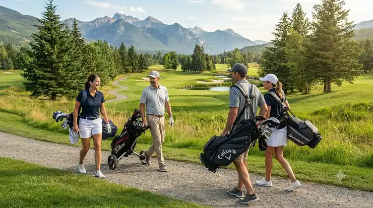 Premium hybrid golf bags set up on a lush green Canadian golf course, showcasing lightweight carry and cart versatility for walking or riding.