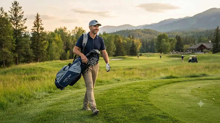 Golfer walking down a scenic Canadian fairway carrying one of the best Sunday golf bags, featuring lightweight design for 9-hole rounds.