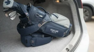 Compact Sunday golf bag profile designed to easily fit into small car trunks or backseat floors for road trips across Canada.