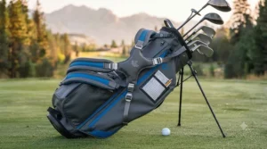 Ergonomic dual-strap system on golf carry bags for balanced weight.